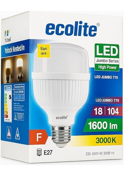 18W Jumbo LED Ampul, 3000K Sarı Işık, 1600 Lümen, 104W Eşdeğer, E27 Duy, 220V, Dimmer Uyumsuz, F Enerji Sınıfı modelleri