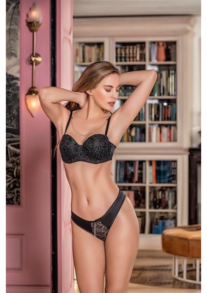 Simli Straplez Lotus Sütyen ve Slip Külot Takım Siyah (MGP31541) fiyatları