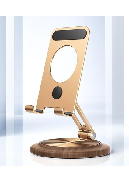 Profesyonel Tok Aliminyum Stand Ahşap Tabanlı Business Model A Sınıfı Malzeme Döner Tablet Telefon Standı Masaüstü Stand Katlanabilir Cep Telefon Tutucu (JR-H102 - Rose Gold)