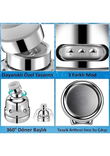 Su Tasasrruflu 3 Fonksiyonlu Mutfak Musluk Başlığı 360 Derece Oynar Başlıklı Krom Görünümlü indirimleri