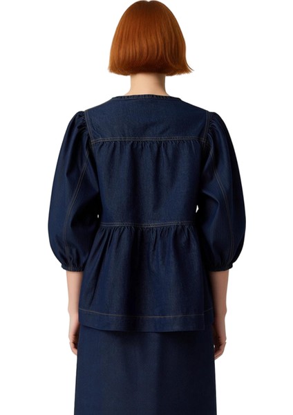 Kadın Pamuklu Bluz Yaka Bağlama Detaylı Regular Kalıp Denim Kaliteli Şık Rahat Modern Zarif modelleri