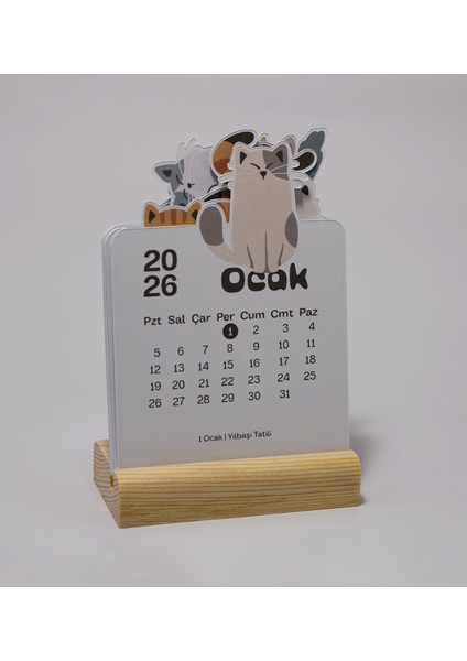 2026 Yılı Ahşap Standlı Masaüstü Takvimi, Sevimli Kediler Temalı Takvim, 9X12 cm