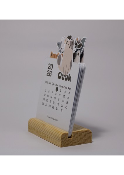2026 Yılı Ahşap Standlı Masaüstü Takvimi, Sevimli Kediler Temalı Takvim, 9X12 cm modelleri