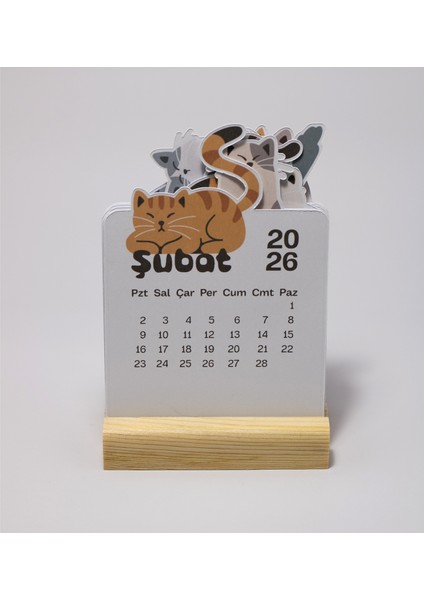 2026 Yılı Ahşap Standlı Masaüstü Takvimi, Sevimli Kediler Temalı Takvim, 9X12 cm
