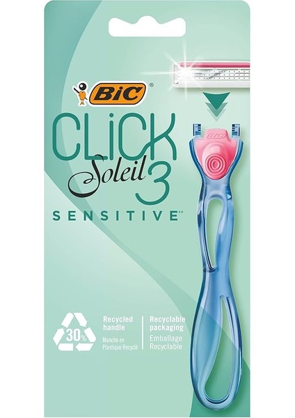 Soleil Click Sensitive 1 Gövde & 2 Başlık Kadın Tıraş Bıçağı (3 Bıçak), Oynar Başlıklı, Aloe Vera ile Zenginleştirilmiş Kayganlaştırıcı Jel Şerit