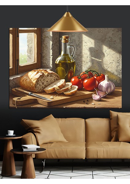 Ekmek ve Zeytin Yağı Natürmort Dekoratif Kanvas - Mdf Ahşap Tablo