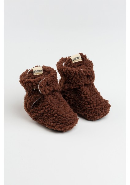 Kaydırmaz Tabanlı Bebek Pandufu – Peluş ve Terletmez Organik Pamuk Astarlı Kahverengi Panduf