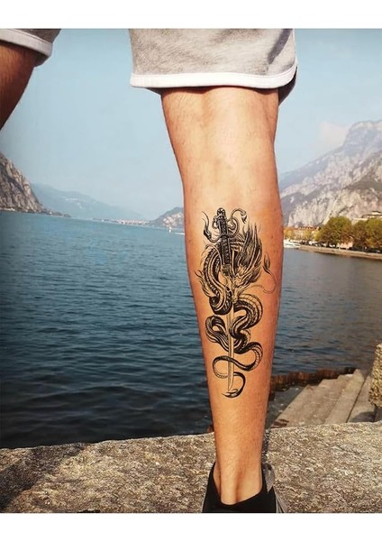 Samurai, Ejderha ve Katana Dövmesi, Geçici Dövme, Unisex Tattoo, Vücut Dövmesi