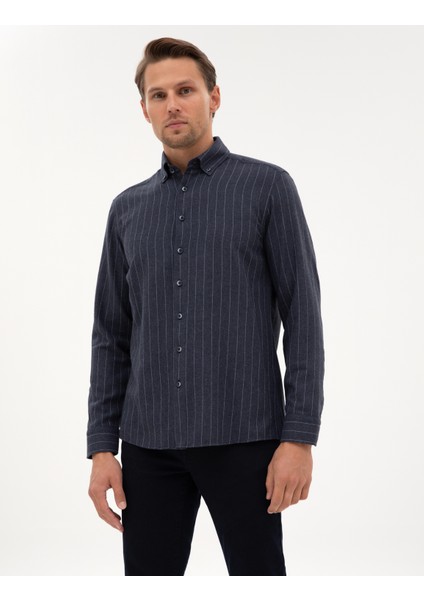 Erkek Lacivert Çizgili Regular Fit Uzun Kollu Gömlek 50312366-VR033