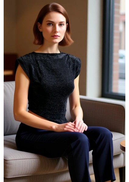 Kadın Vatkali Kayik Yaka Kolsuz Metalize Iplikli Orme Bluz Kaliteli Şık Rahat Modern Zarif fiyatları