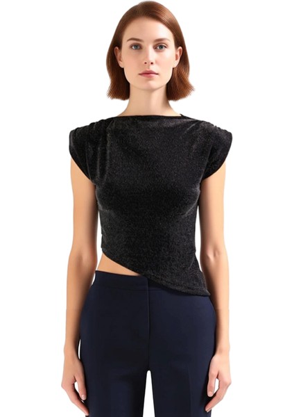 Kadın Vatkali Kayik Yaka Kolsuz Metalize Iplikli Orme Bluz Kaliteli Şık Rahat Modern Zarif modelleri