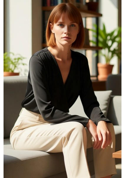 Kadın Regular Kalıp V Yaka Kruvaze Kapama Ekru Saten Dokuma Bluz Günlük Kullanım Için Ideal fiyatları