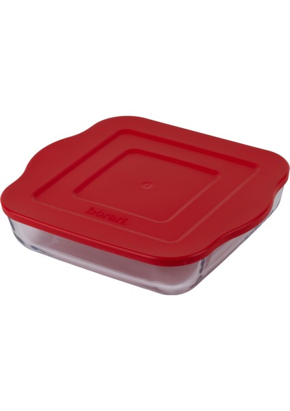 Kırmızı Plastik Kapaklı Sade Kare Büyük Cam Tepsi