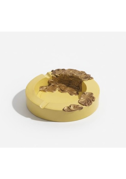 El Yapımı Rölyef Altın Detaylı Sarı Dekoratif Obje / Küllük - Beton/seramik Masaüstü Aksesuarı