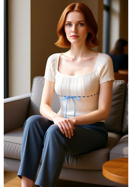 Kadın Kare Yaka Ajurlu Ince Triko Bluz Kısa Kollu ve Crop Kesim Kaliteli Şık Rahat fiyatları