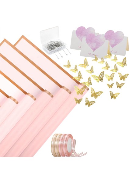 4 Rulo Çiçek Kurdeleli 40 Yaprak Çiçek Sarma Kağıdı, 20 Kart, 36 Adet 3D Altın Kelebekler, Pembe (Yurt Dışından)