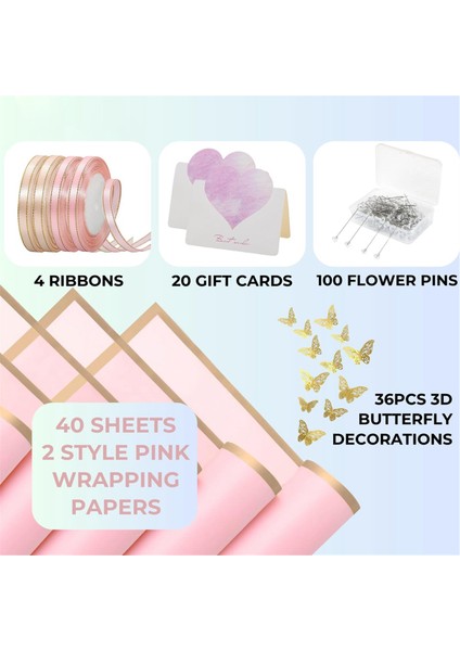 4 Rulo Çiçek Kurdeleli 40 Yaprak Çiçek Sarma Kağıdı, 20 Kart, 36 Adet 3D Altın Kelebekler, Pembe (Yurt Dışından) modelleri