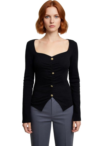 Kadın Kalp Yaka Düğmeli Büzgülü Kaşkorse Uzun Kollu Kaliteli Şık Rahat Modern Zarif Günlük modelleri