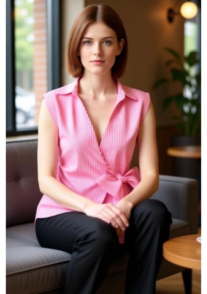 Kadın Çizgili Kolsuz Gömlek Yaka Bluz Bağlama Detaylı ve Şık Tasarım Kaliteli Şık Rahat fiyatları