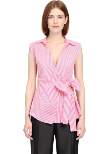 Kadın Çizgili Kolsuz Gömlek Yaka Bluz Bağlama Detaylı ve Şık Tasarım Kaliteli Şık Rahat modelleri