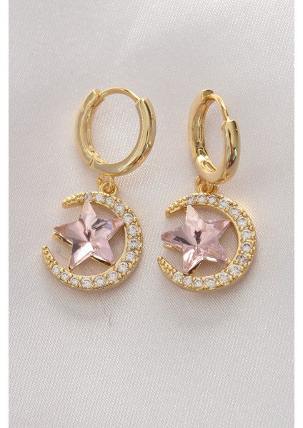 Pirinç Gold Renk Pembe Zirkon Taşlı Yıldız Detay Ay Küpe