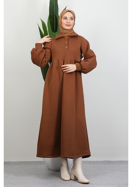 Şevval Düğmeli Elbise Açık Kahve