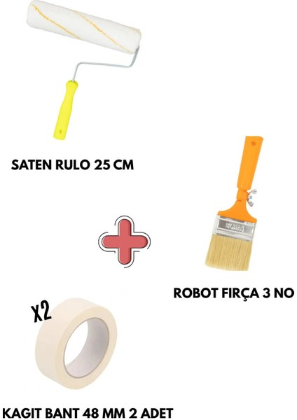 Boyacı Seti 7 - Saten Boya Rulosu 25 cm - Robot Kestirme Fırçası 3 No - Kağıt Maskeleme Bandı 2 Adet