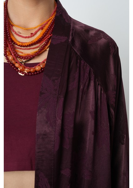 Kadın Bordo Yaprak Desenli Oversize Kesim Tesettür Kimono modelleri