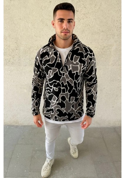 Erkek Yarım Fermuarlı Desenli Polar Sweat Yakalı, Uzun Kollu, Oversize Rahat Kalıp - Siyah