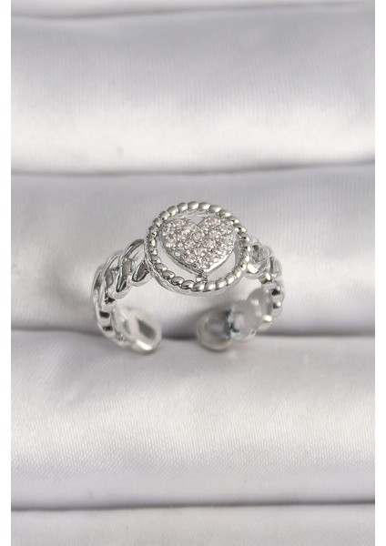 Pirinç Gümüş Renk Zincir Model Zirkon Taşlı Kalp Model Kadın Yüzük