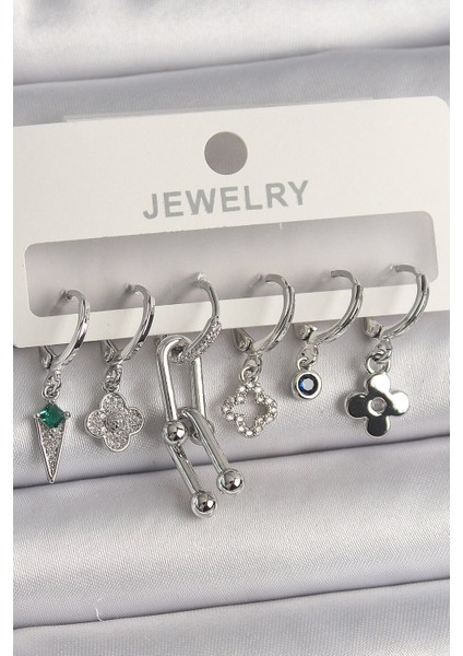 Pirinç Gümüş Renk Zirkon Taşlı Çoklu Figür Kadın Küpe Seti