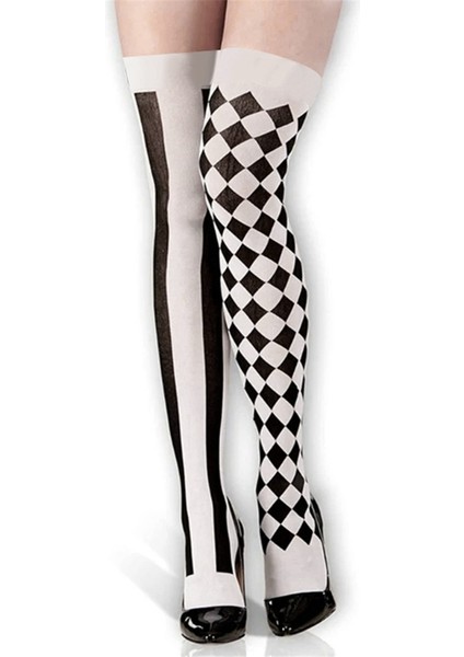 Kadın Palyaço Asimetrik Dikey Çizgili Diz Üstü Uzun Çorap Uyluk Çorapları Cadılar Bayramı Cosplay Parti Kostümü (Yurt Dışından) fiyatları