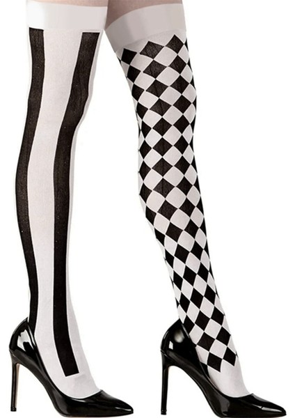 Kadın Palyaço Asimetrik Dikey Çizgili Diz Üstü Uzun Çorap Uyluk Çorapları Cadılar Bayramı Cosplay Parti Kostümü (Yurt Dışından) modelleri