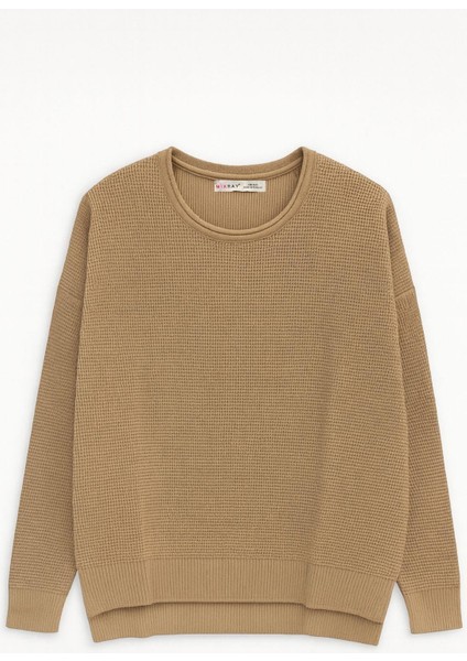 6183 Kadın Nopeli Oversize Triko Ince Kazak Karamel