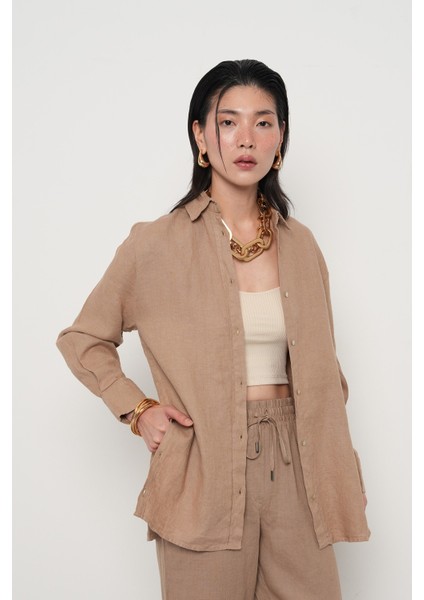 Kadın %100 Keten Yanları Düğme Detaylı Gömlek