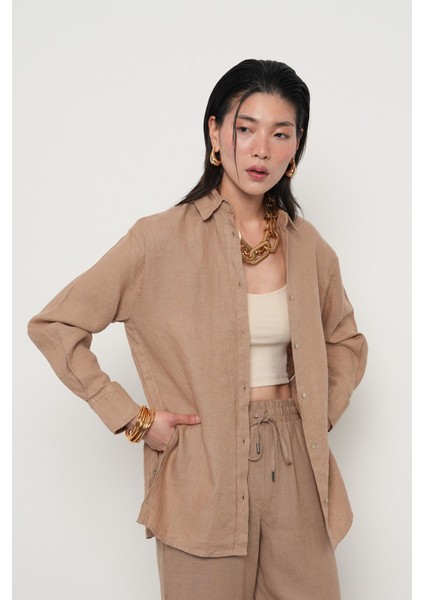 Kadın %100 Keten Yanları Düğme Detaylı Gömlek fiyatları