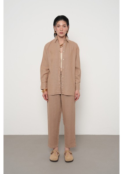 Kadın %100 Keten Yanları Düğme Detaylı Gömlek fırsatları