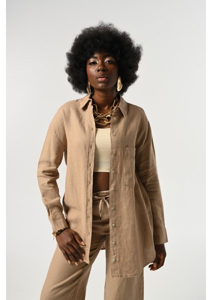 Kadın %100 Keten Tek Cepli Gömlek