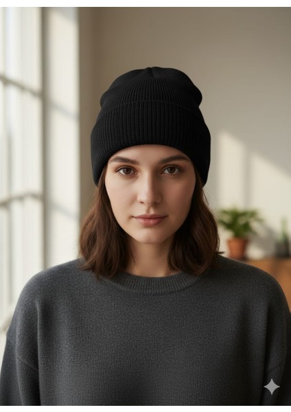 Unisex Basic Bej Bere Katlamalı Standart Kalıp Atkı Şapka ( Tek Ebat )