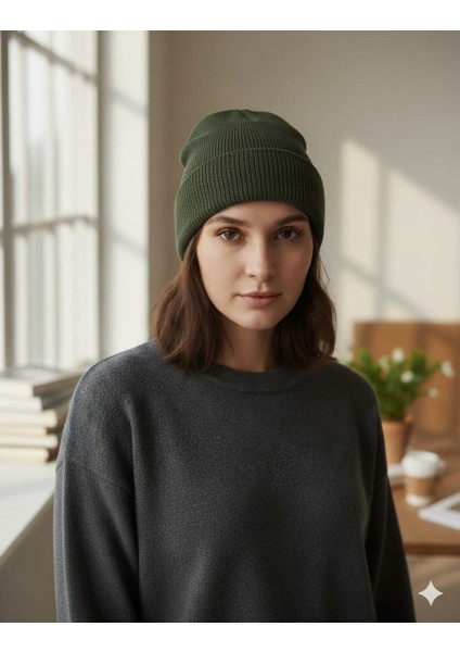 Unisex Basic Bej Bere Katlamalı Standart Kalıp Atkı Şapka ( Tek Ebat )