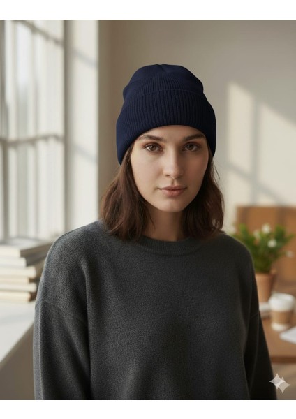 Unisex Basic Bej Bere Katlamalı Standart Kalıp Atkı Şapka ( Tek Ebat )