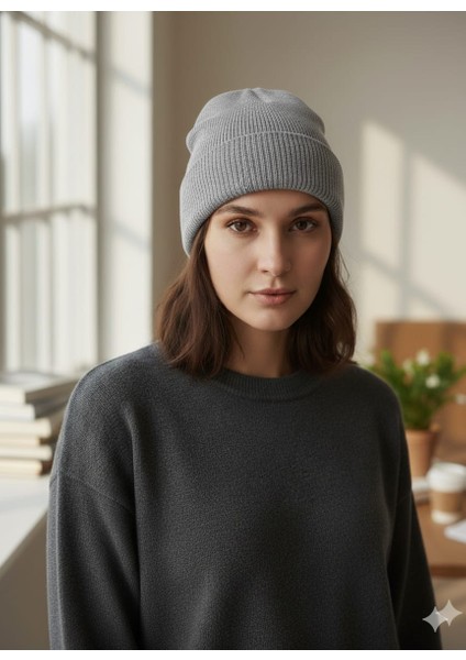 Unisex Basic Bej Bere Katlamalı Standart Kalıp Atkı Şapka ( Tek Ebat )