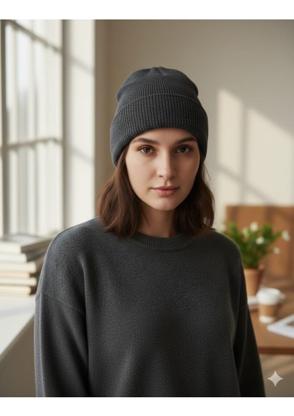 Unisex Basic Bej Bere Katlamalı Standart Kalıp Atkı Şapka ( Tek Ebat )