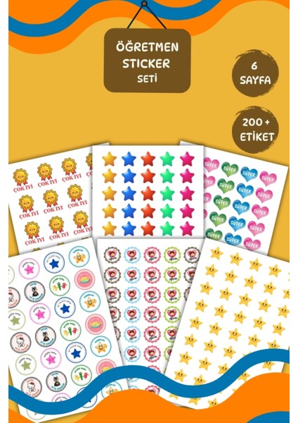 6 Sayfa Öğretmen Sticker/etiket Seti Öğrenci/ Ödül/ Ödev STICKERI/200 + Etiket