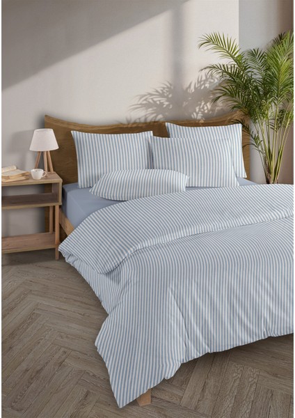 Striped %100 Pamuk Ranforce Yezra Mavi Ipliği Boyalı Nevresim Takımı Çift Kişilik - 200X220 cm