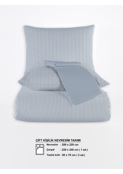 Striped %100 Pamuk Ranforce Yezra Mavi Ipliği Boyalı Nevresim Takımı Çift Kişilik - 200X220 cm indirimleri