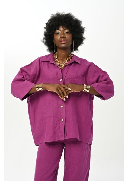 Kadın Düz Renk Tek Cepli %100 Keten Gömlek