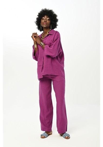 Kadın Düz Renk Tek Cepli %100 Keten Gömlek fırsatları