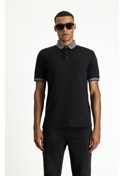 Polo Yaka Regular Fit Desenli Pamuklu Tişört