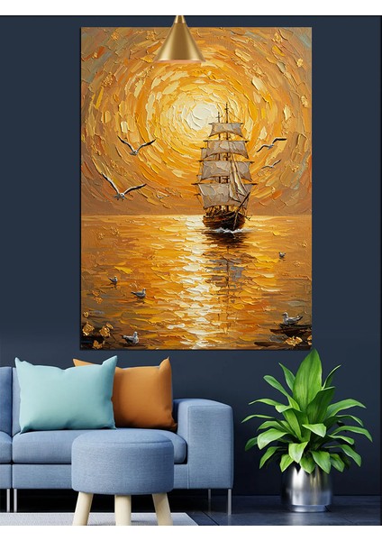 Ufukta Yelkenli Teknelerle Deniz Manzarası Dekoratif Kanvas - Mdf Ahşap Tablo